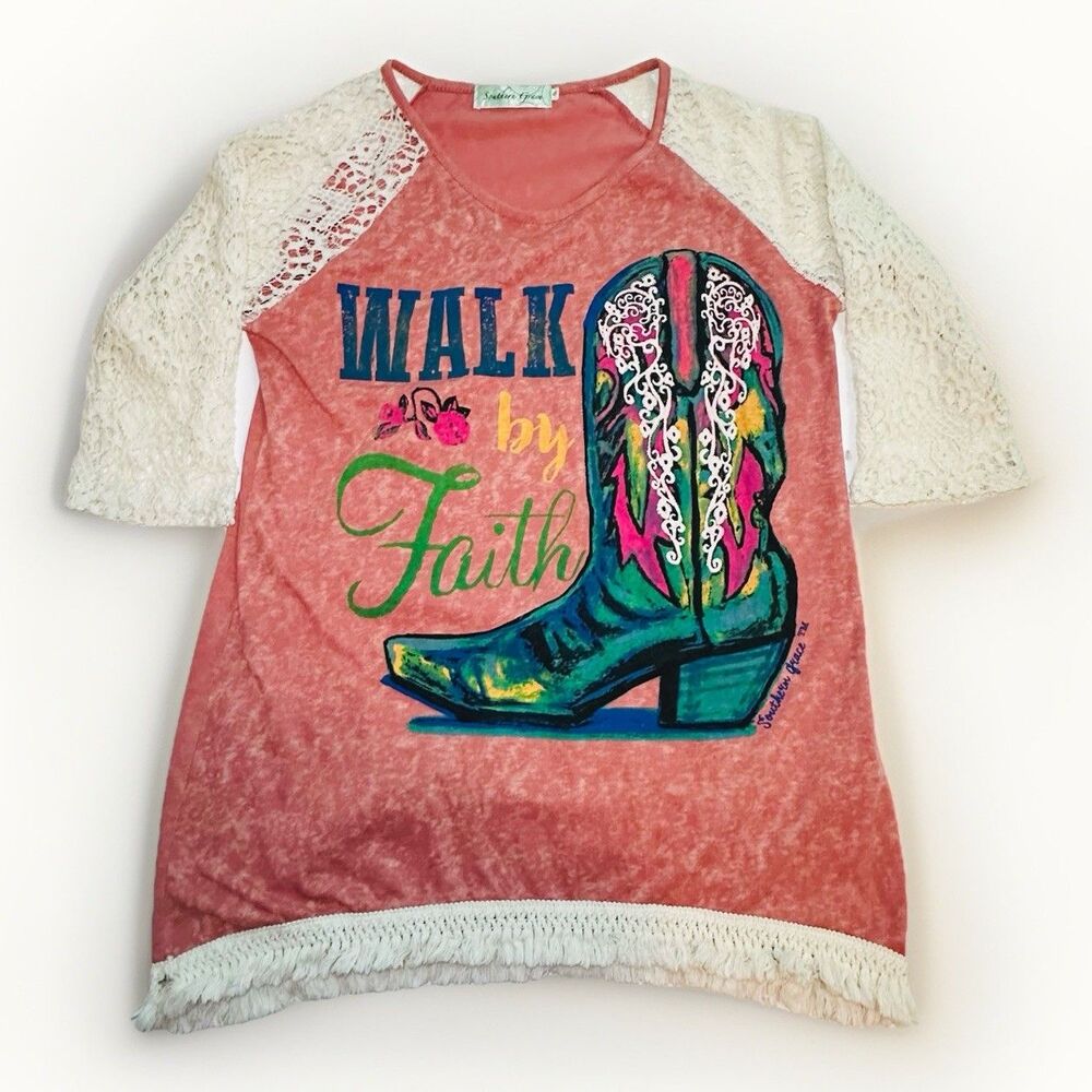 Southern Grace Walk By‎ Faith Cowboy Boot Coral Pink Crochet Shirt Women's SMALL